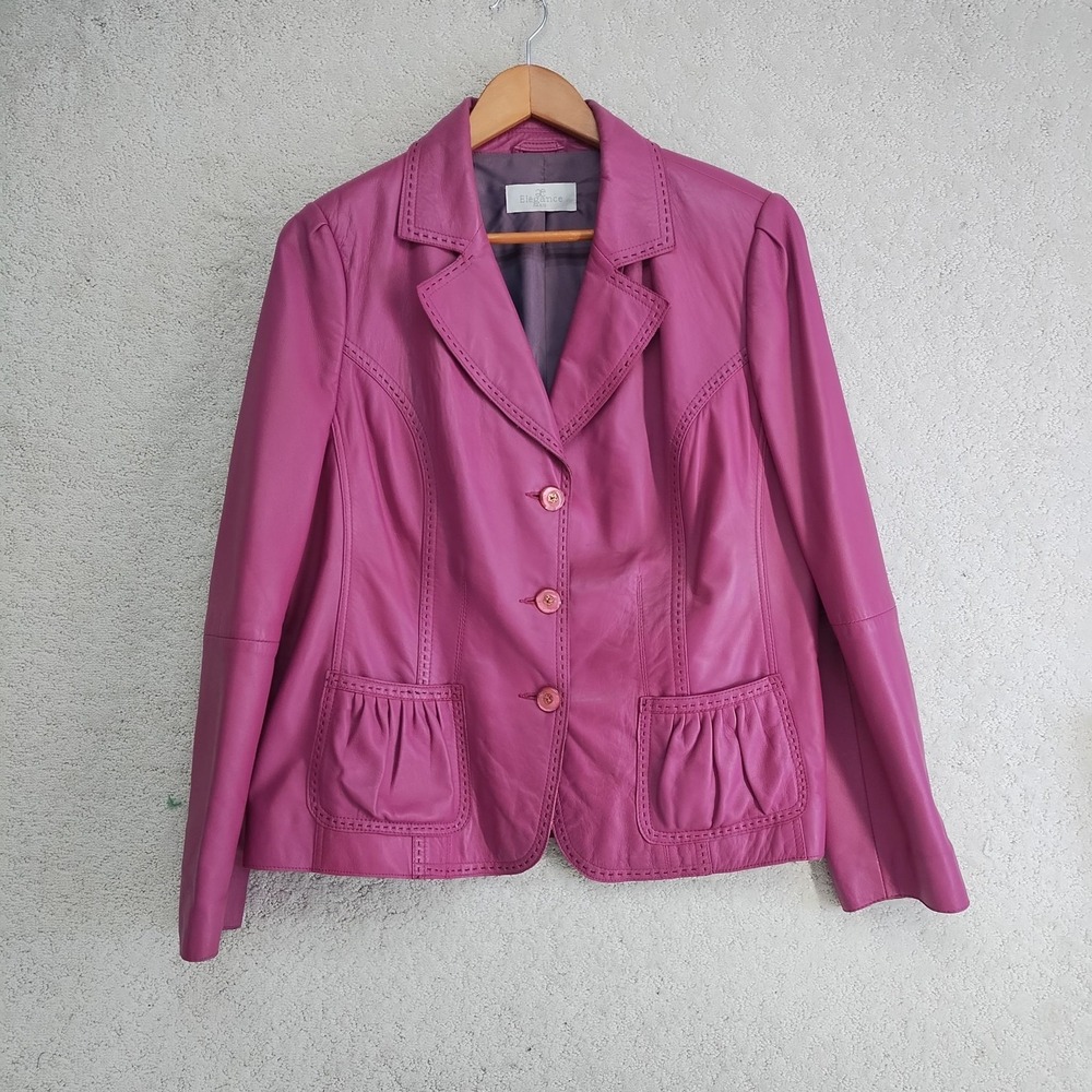 Elegance Leather Jacket Womens M Pink Lamb Leather Notched Collar Button Peplum